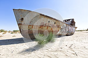 Cemetery of old ships in the desert. It used to be the Aral Sea