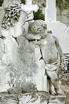 Cemetery statue of a sad angel child