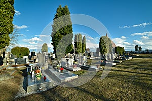 Cemetery with tombstones in the shape of a cross, angels. Many decorated graves