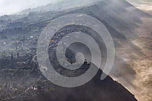 Cemoro Lawang village in a misty morning, Mount Bromo, Indonesia
