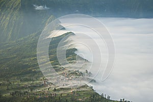 Cemoro lawang village under foggy condition at mount Bromo in Bromo tengger semeru national park, East Java, Indonesia