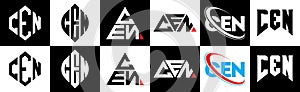 CEN letter logo design in six style. CEN polygon, circle, triangle, hexagon, flat and simple style with black and white color