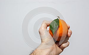 A cenital view of an orange meyer lemon in the hand of a caucasian men with a white background