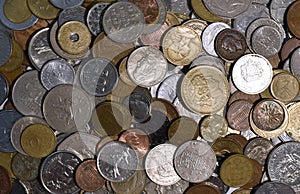 Cenital view of a pile of world coins photo