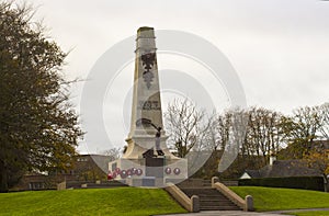 The Cenotaph and German U Boat deck gun in Bangor`s Ward Park on a dull morning in County Down Northern Ireland