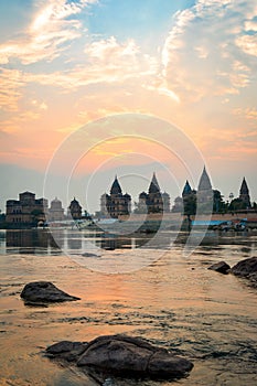 Cenotaphs Chhatris on the bank of the Betwa River at sunset.