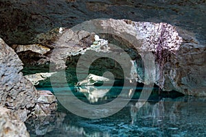 Cenote, a cavern with fresh water in a tropical jungle