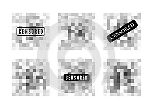 Censored data. Transparent pixels blure area. Decrease sharpness in illustration. Private content. Censorship mosaic. Vector