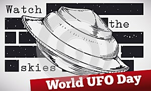 Censored Document with Spaceship Alerting for World UFO Day, Vector Illustration