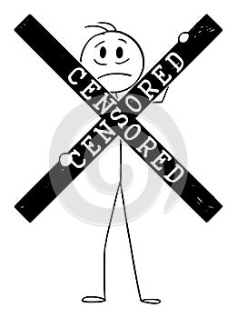 Censored Person, Concept of Censorship or No Freedom of Talk, Vector Cartoon Stick Figure Illustration