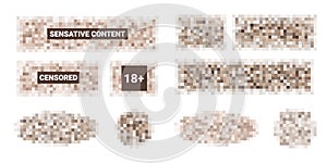 Censored pixel bar set. Nudity skin or sensitive text adult content cover. Censored picture vector illustration.