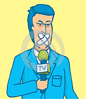 Censored reporter with his mouth covered with patch