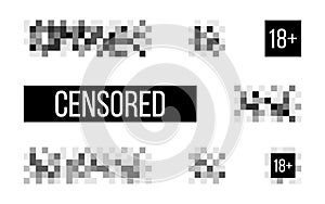 Censored signs on white backdrop. Rectangle censor template. Censorship pixel effect. Censure mosaic design. Blurry