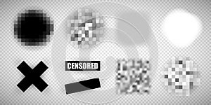 Censorship elements of various types, censored bar and pixel censor mosaics signs set, censure pixelation effect and blur