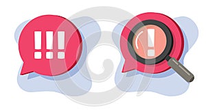 Censorship parental control find identify alert icon vector graphic 3d, magnifying glass searching offensive exclamation mark