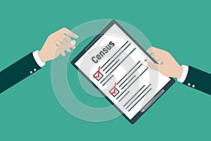 Census. Clipboard in pen in hand. Vector illustration flat design. Folder with documents photo