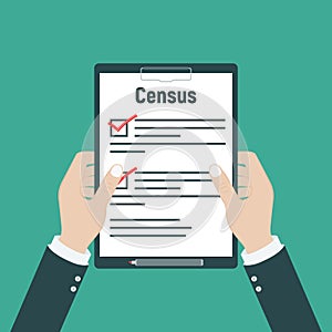 Census. Clipboard in pen in hand. Vector illustration flat design. Folder with documents photo