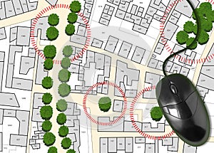 Census of singol, group or row trees in cities -  green management and tree mapping concept with imaginary city map with