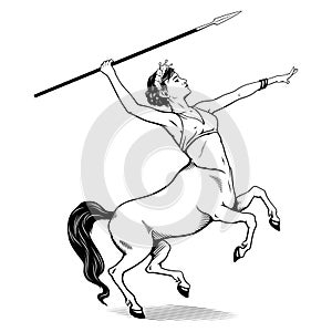 Centaur girl with spear. Vector Ink Style Outline Drawing