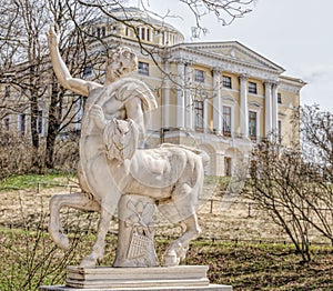 The centaur statue and the Pavlovsk Palace.