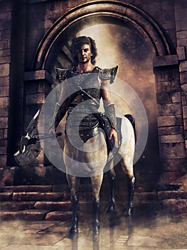 Centaur warrior in front of a castle gate photo