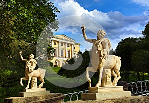 Centaurs bridge and palace in Pavlovsk park photo