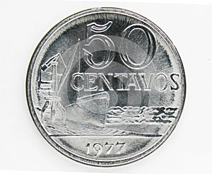 50 Centavos Magnetic coin, 1970~1986 - Second Cruzeiro serie, 1977. Bank of Brazil. Obverse, issued on 1975 photo