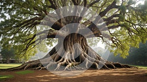 Centenarian tree with large trunk and big roots above the ground