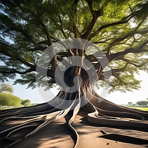 Centenarian Tree with Towering Trunk and Exposed Roots