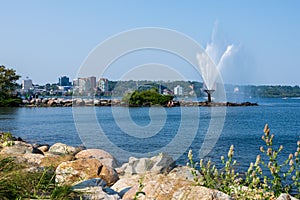 Centennial Park Waterfront Fountain on Shore of Kempenfelt Bay, Lake Simcoe in summer time, Barrie, Canada. photo