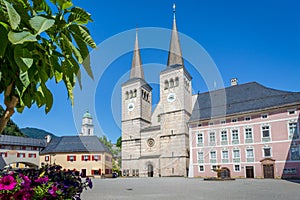 Center of Berchtesgaden with cathedral, Bavaria, Germany