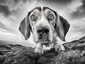 Black and White beagle staring into camera