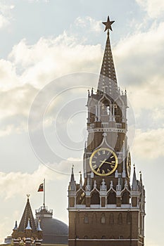 Spasskaya towers in Moscow Kremlin on Red Square in evening light