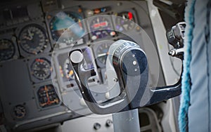 Center console and throttles in airplane