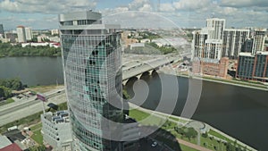 The center of Ekaterinburg skyline, street of Yeltsin. Skyscraper Iset tower, the Central promenade of the river, the