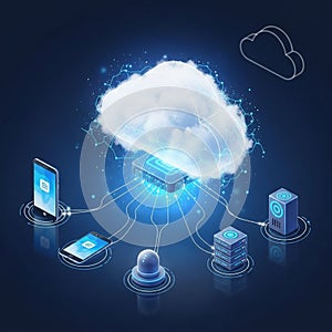 At the center is a large, glowing cloud, symbolizing data storage