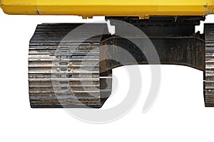 center of left caterpillar wheel (selected focus) of yellow track-type loader excavator (Isolated and have clipping path).