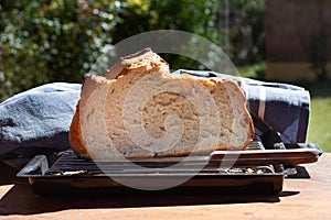 Center of a loaf of bread on a wooden table