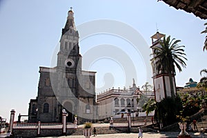 Center of the magical town Cuetzalan Pueblo with view of the government palace, kiosk and the church of San Francisco de Asis