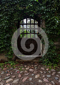 In the center of the old European city is an old metal front door