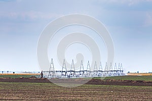 Center pivot irrigation - radial sprinkler system irrigation in action on agricultural field  at sunny summer day. The hot air