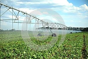 Center pivot irrigation system watering agricultural field