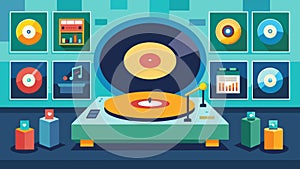 In the center of the record wall a large vintage turntable is set up for customers to use encouraging a communal and