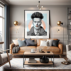 In the center of the room hangs a horizontal frame masterpiece mockup, adding a touch of sophistication to the space.