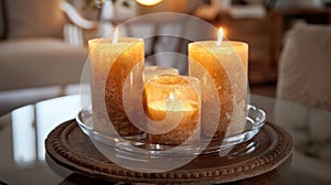 In the center of a round glass dining table a group of rustic mismatched candles casts a warm glow over the room. 2d photo