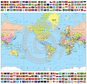 Centered America Political World Map and All World Flags
