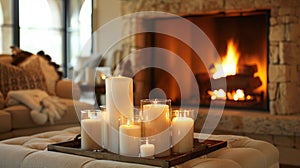 The centerpiece of the room a grand fireplace adorned with flickering candles instantly adds coziness to the space. 2d photo
