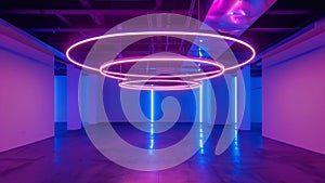 The centerpiece of the room is a large circular light fixture that seems to float in the air. The ringshaped fixture is