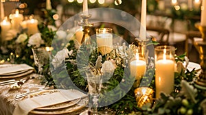 The centerpieces are adorned with lush greenery and illuminated by the gentle flames of the candles creating a