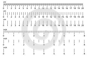 Centimeter Inch and metric rulers. Centimeters and inches measuring scale. Precision measurement of ruler tools. Vector isolated. photo